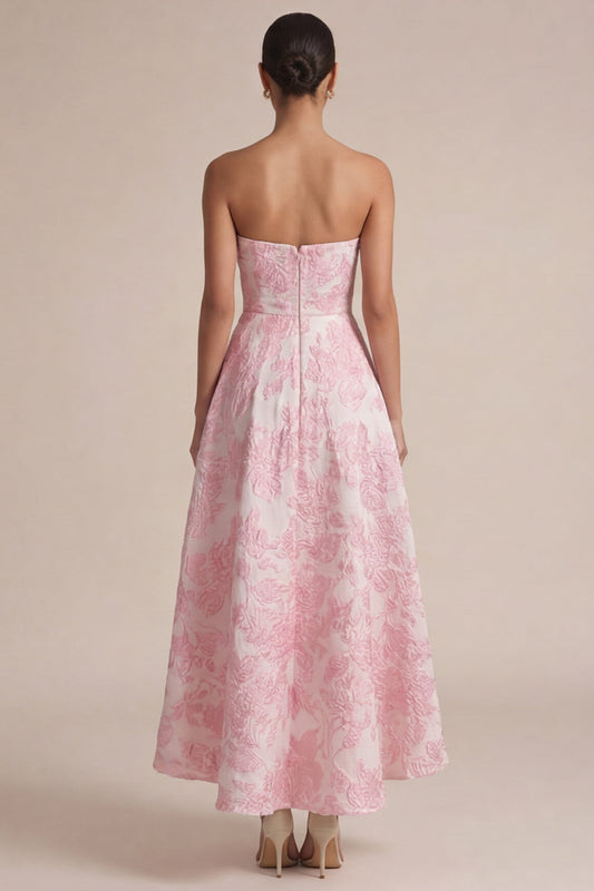 Pink Strapless A Line Floral Midi Wedding Guest Dress