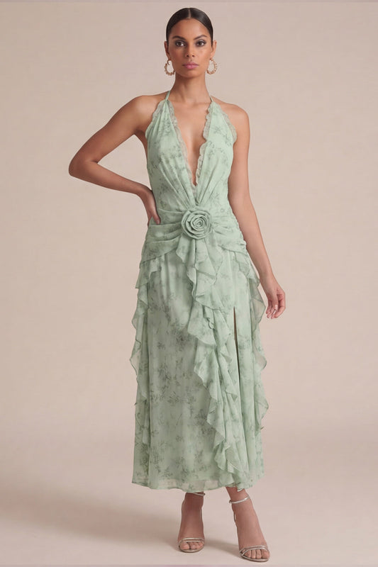 Robe mi-longue Sage Halter à volants et imprimé avec fleurs en 3D pour invitée de mariage