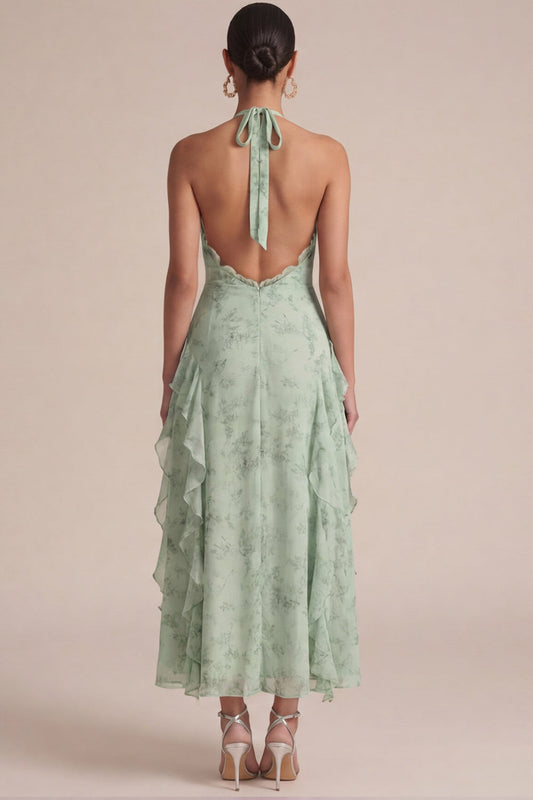 Robe mi-longue Sage Halter à volants et imprimé avec fleurs en 3D pour invitée de mariage