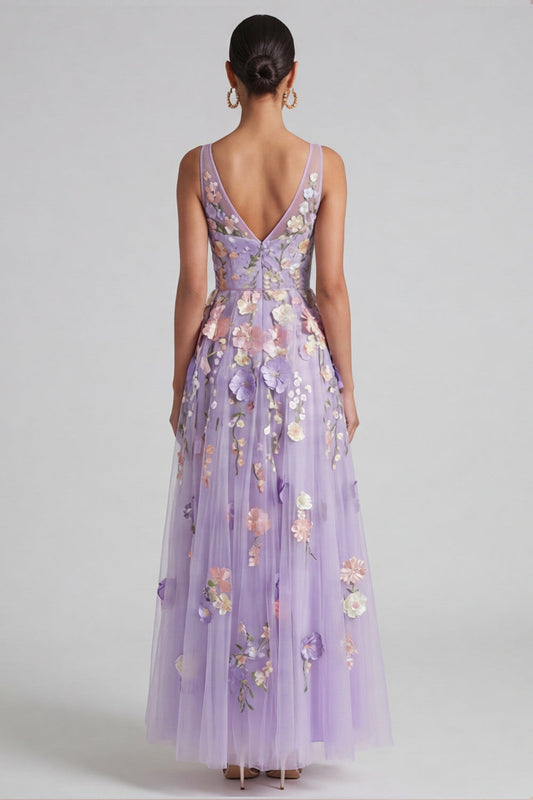 Robe midi florale évasée à col en V avec applications lilas