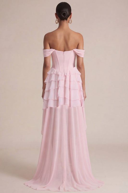Robe invitée de mariage rose à épaules dénudées, coupe trapèze, à volants et corset