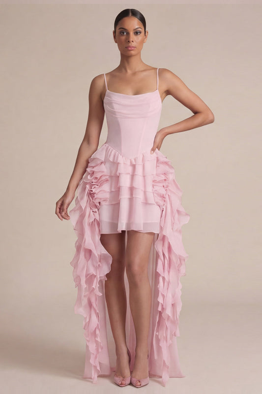 Mini-robe rose à volants étagés et ligne A avec corset