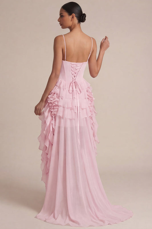 Mini-robe rose à volants étagés et ligne A avec corset