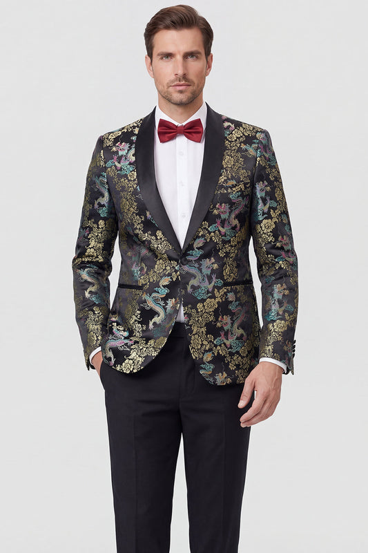 Costume de bal pour homme noir 2 pièces à revers châle et jacquard, un bouton
