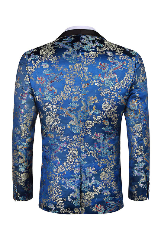 Costume de bal pour homme deux pièces bleu à revers châle et un bouton en jacquard
