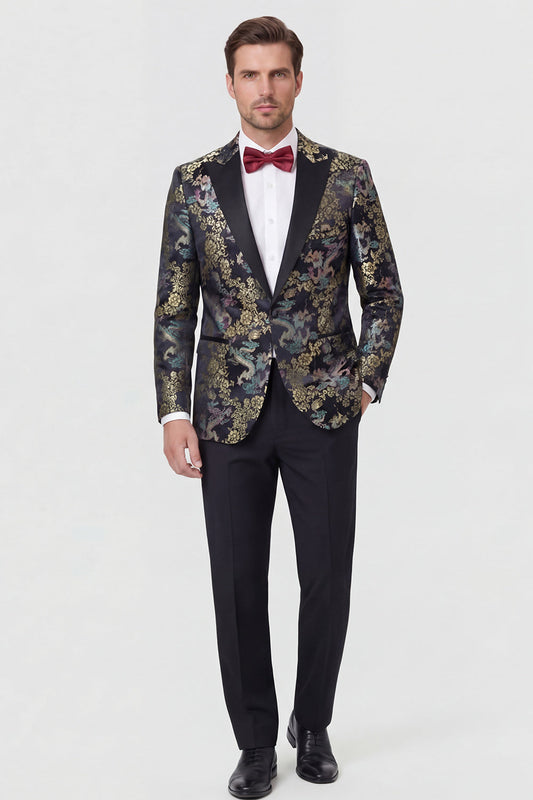 Costume de bal jacquard pour homme, 2 pièces, revers pointus, 1 bouton, rouge