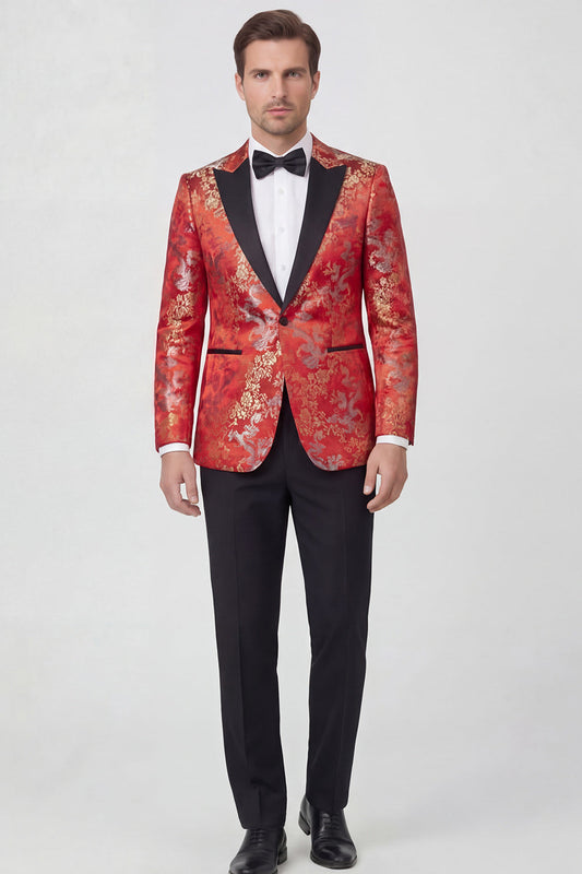 Costume de bal jacquard pour homme, 2 pièces, revers pointus, 1 bouton, rouge