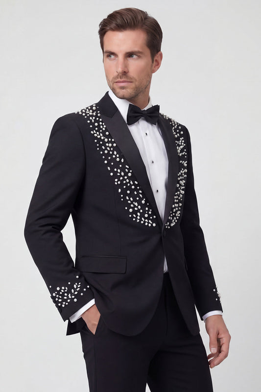Costumes de Mariage Homme 2 Pièces Noir Scintillant à Revers Châle et Un Bouton