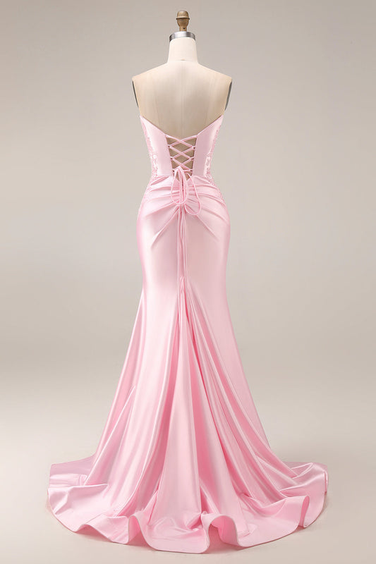 Robe de bal longue ruchée sirène cœur en satin rose avec fente
