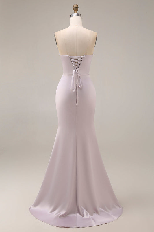 Satin Mermaid Light Purple Sweetheart Ruched Beaded Long Prom Dress with Slit