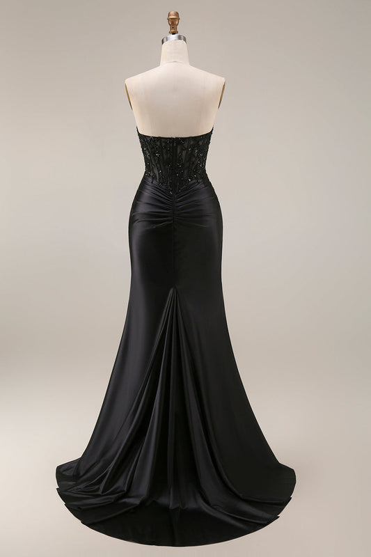 Satin Mermaid Black Sweetheart Sheer Corset Ruched Beaded Long Prom Dress with Slit