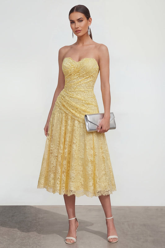 Yellow Sweetheart Ruched Lace Midi Dress