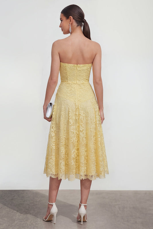 Yellow Sweetheart Ruched Lace Midi Dress