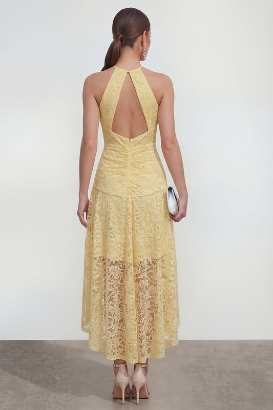 Yellow Lace A-Line Halter Asymmetrical Midi Dress with Keyhole