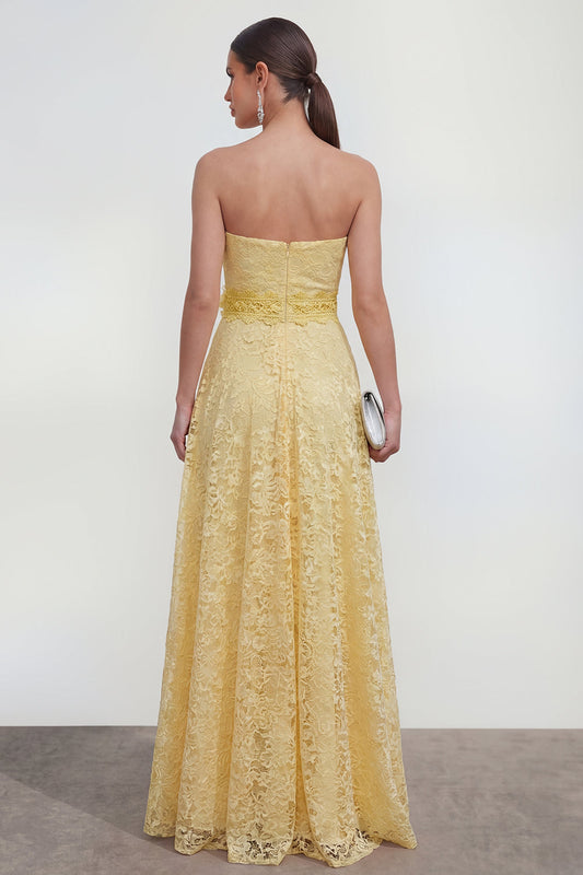 Yellow Sweetheart Ruched Long Lace Wedding Guest Dress with 3D Flower