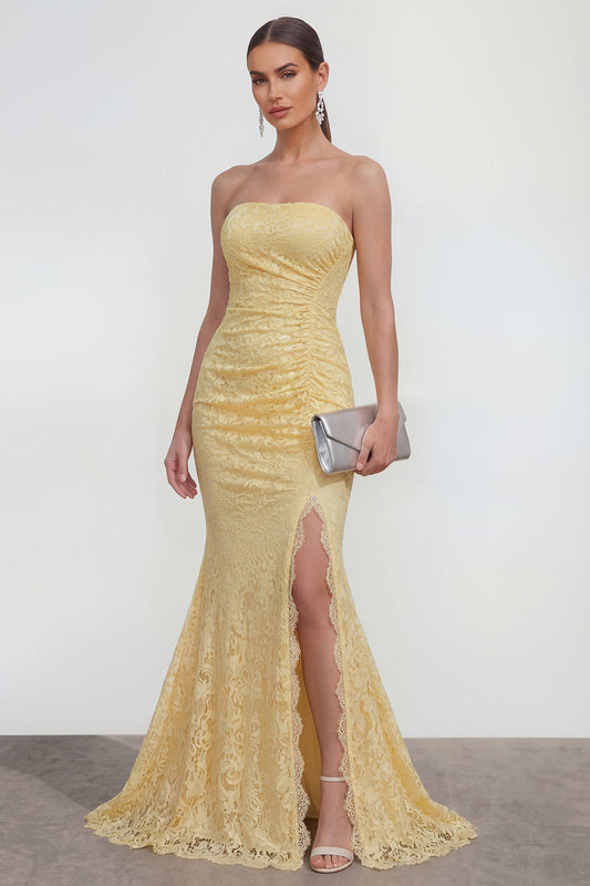 Yellow Lace Strapless Mermaid Long Wedding Guest Dress with Slit