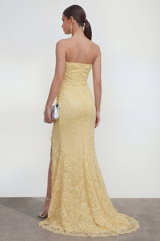 Yellow Lace Strapless Mermaid Long Wedding Guest Dress with Slit
