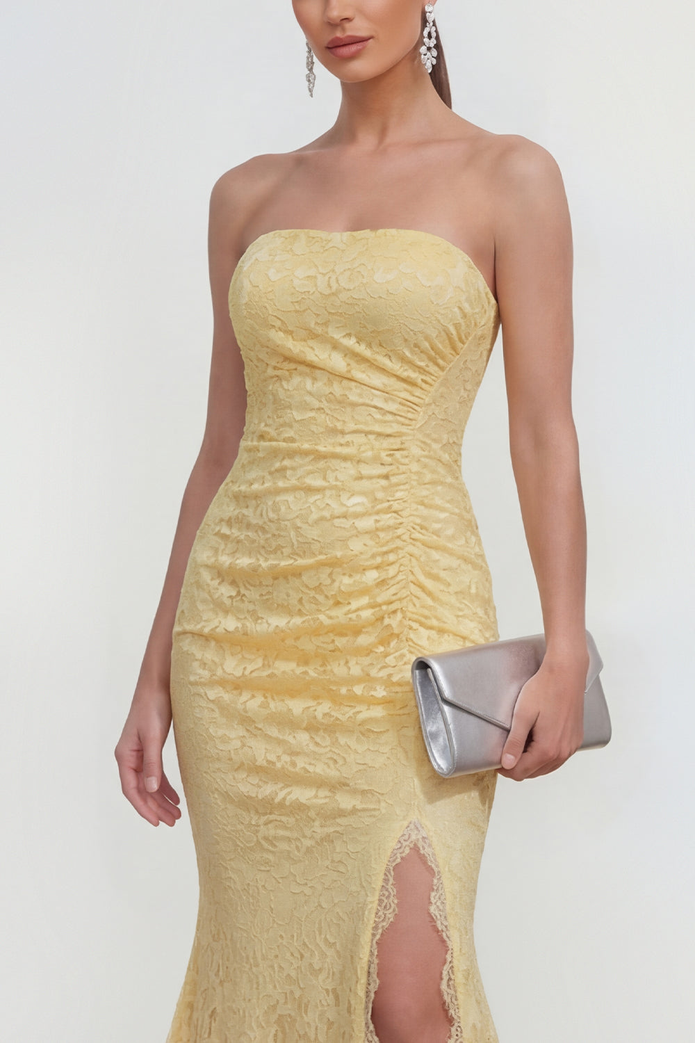 Yellow Lace Strapless Mermaid Long Wedding Guest Dress with Slit