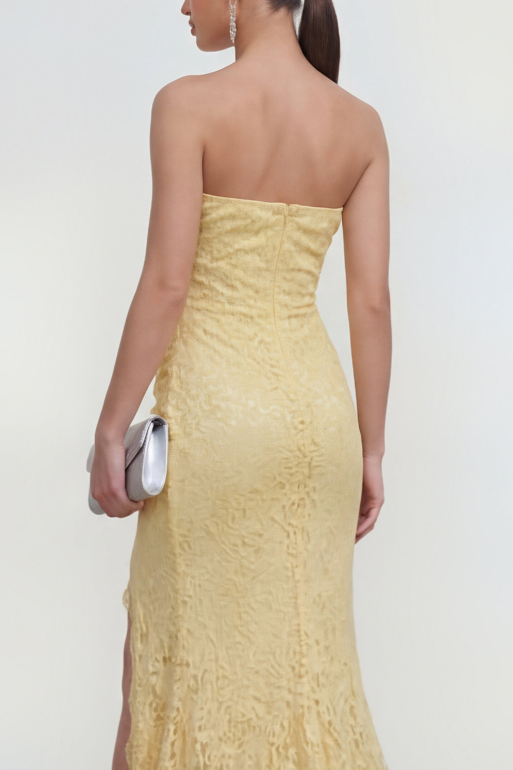 Yellow Lace Strapless Mermaid Long Wedding Guest Dress with Slit