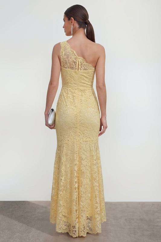 Lace Yellow One Shoulder Ruched Mermaid Long Dress