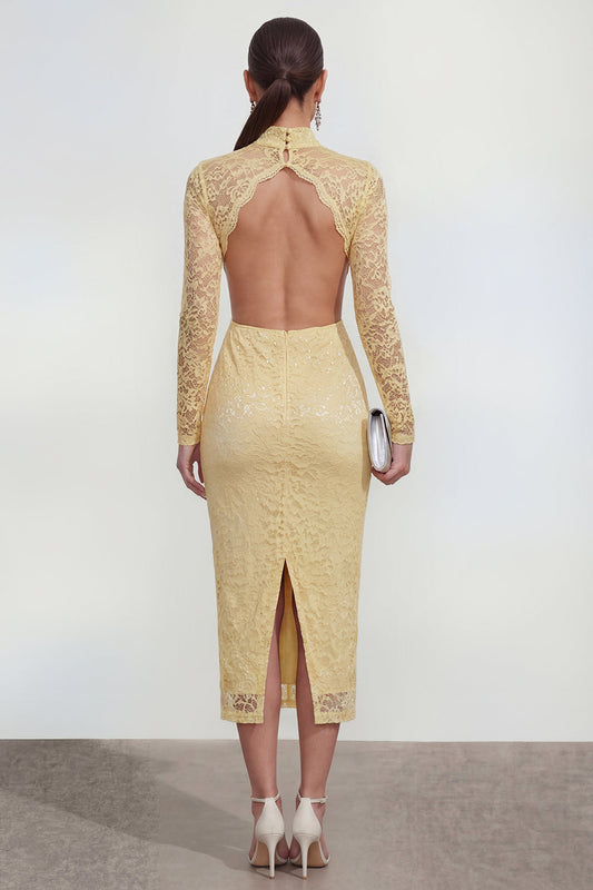 Yellow High Neck Long Sleeves Lace Midi Dress with Slit