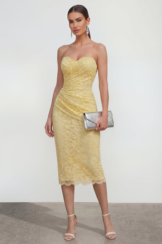 Yellow Sweetheart Ruched Bodycon Midi Dress with Slit