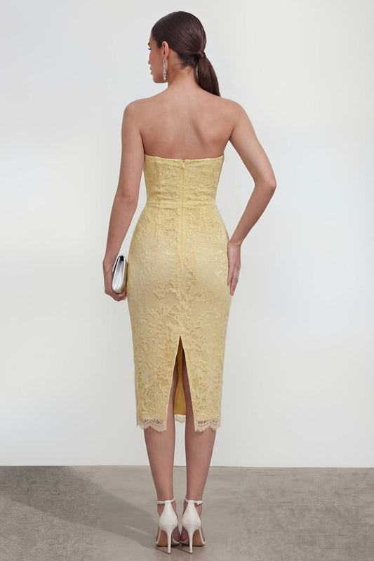 Yellow Sweetheart Ruched Bodycon Midi Dress with Slit