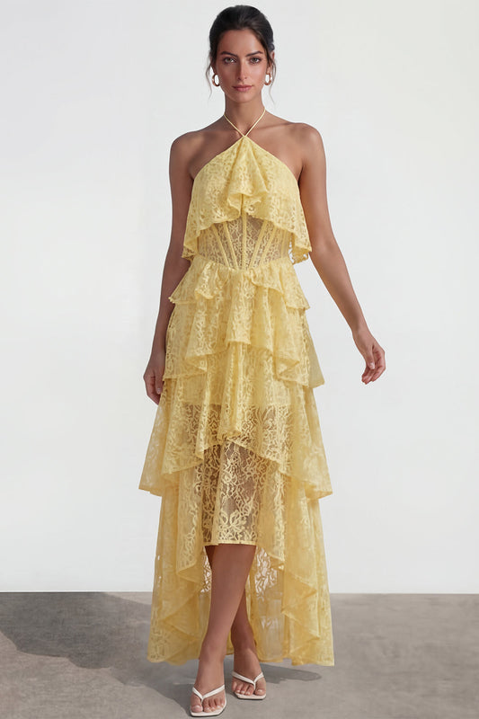 Yellow Lace A Line Asymmetrical Corset Tiered Wedding Guest Dress with Ruffles