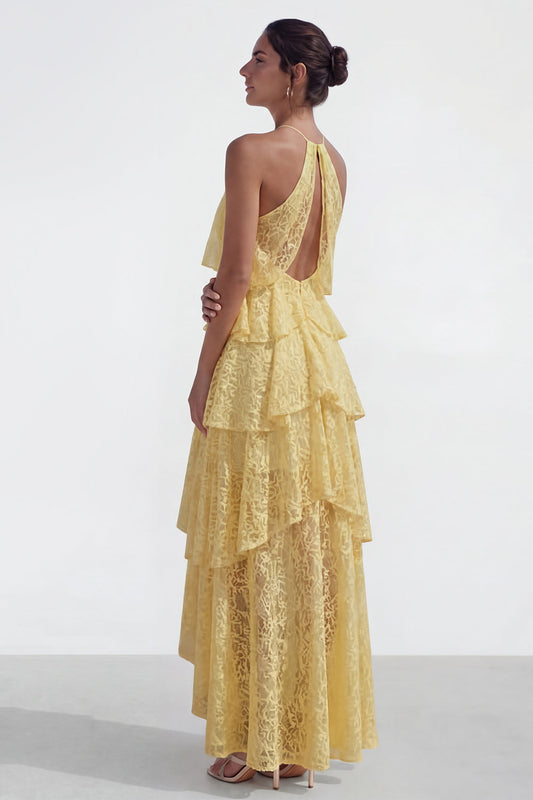 Yellow Lace A Line Asymmetrical Corset Tiered Wedding Guest Dress with Ruffles