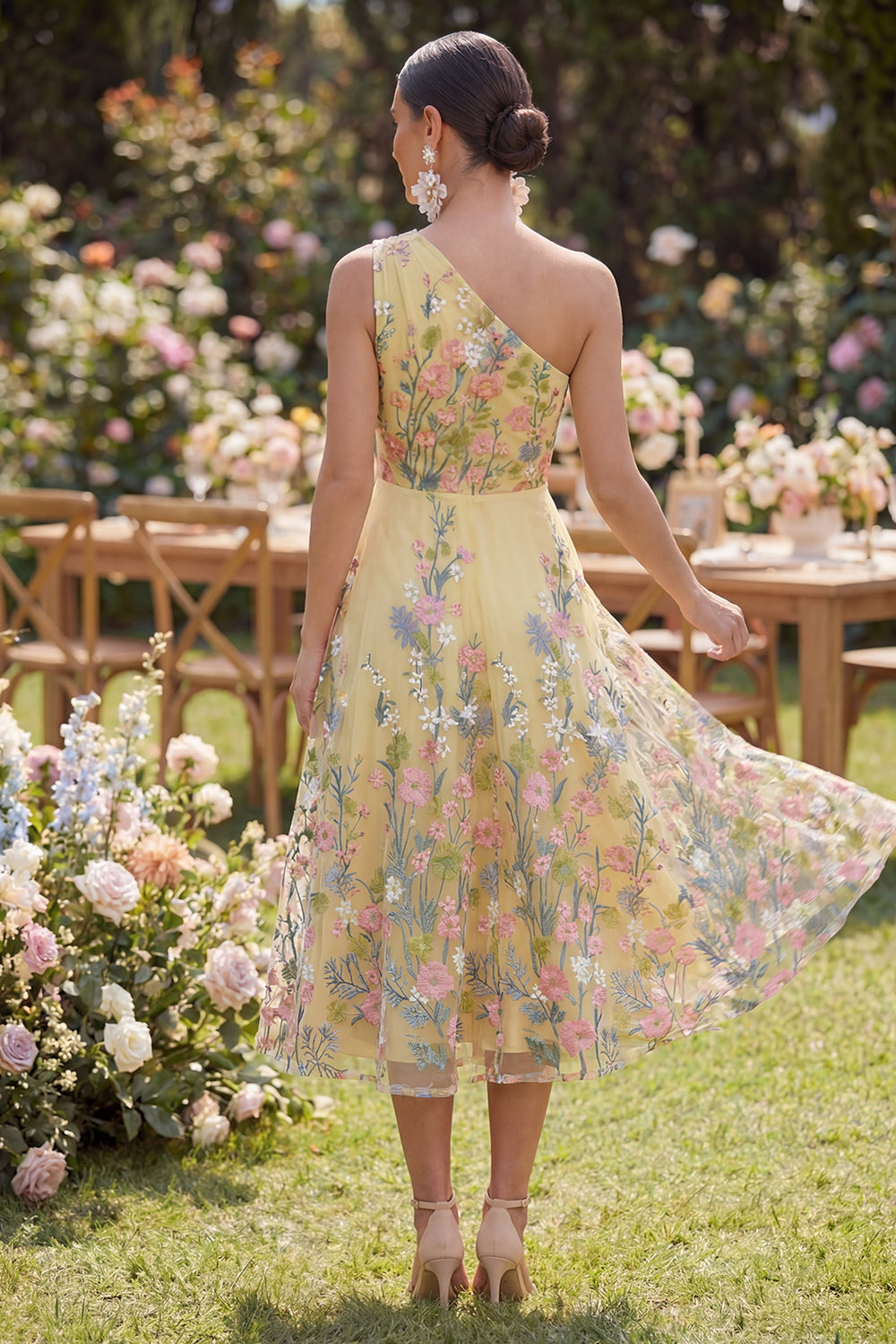 Yellow A-Line One Shoulder Embroidered Floral Midi Dress