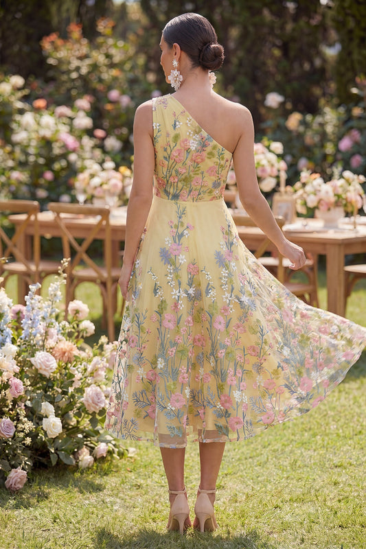 Yellow A-Line One Shoulder Embroidered Floral Midi Dress