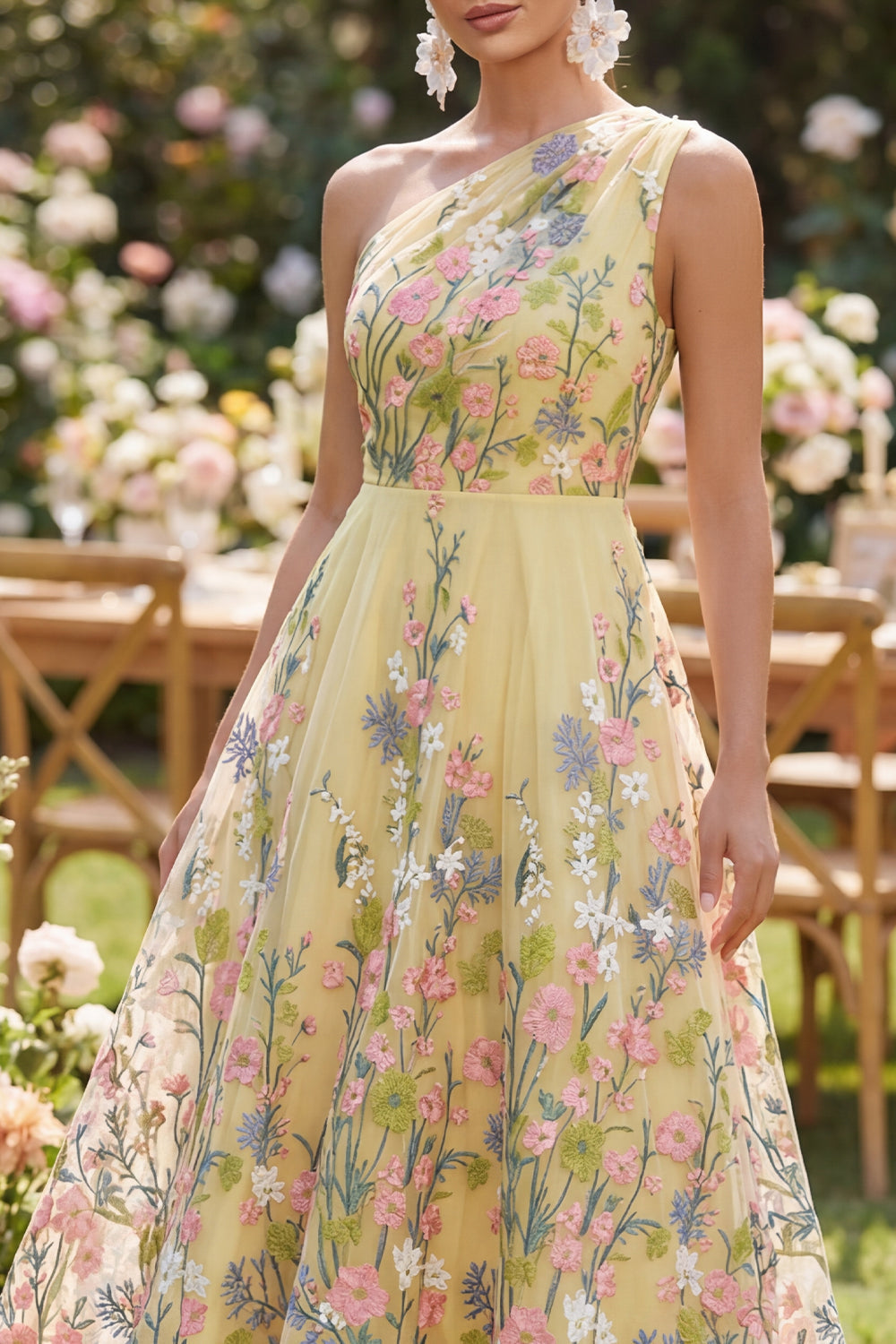 Yellow A-Line One Shoulder Embroidered Floral Midi Dress