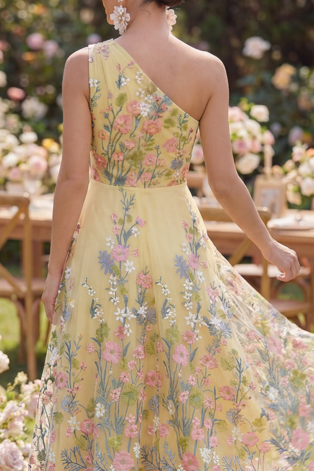 Yellow A-Line One Shoulder Embroidered Floral Midi Dress