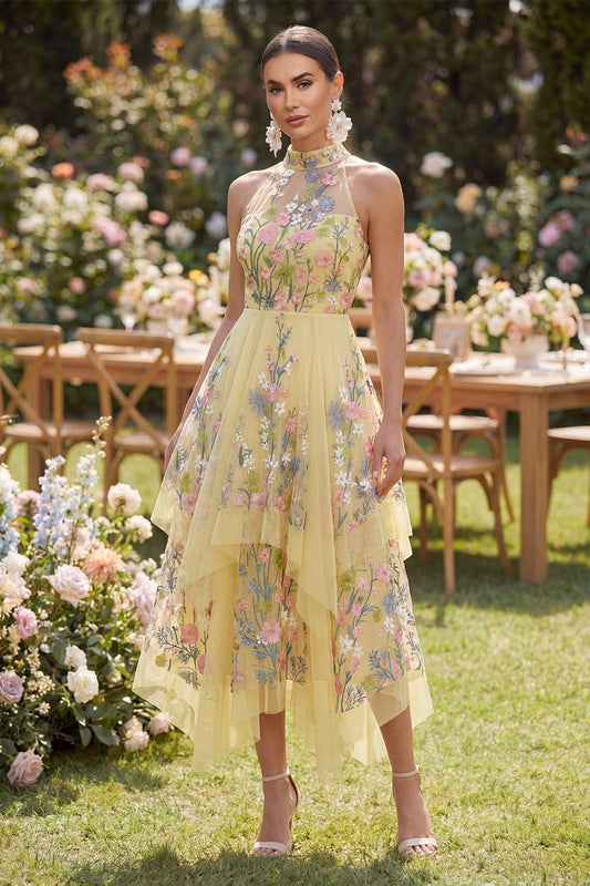 A-Line Yellow Halter Neck Embroidered Floral Midi Dress