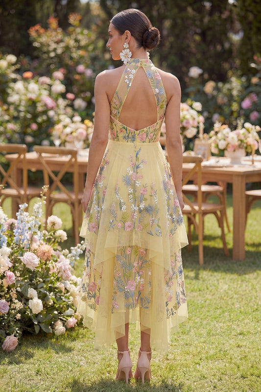 A-Line Yellow Halter Neck Embroidered Floral Midi Dress