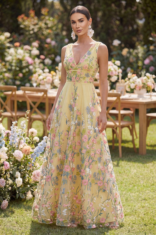 Tulle A-Line Yellow V-Neck Embroidered Long Floral Dress