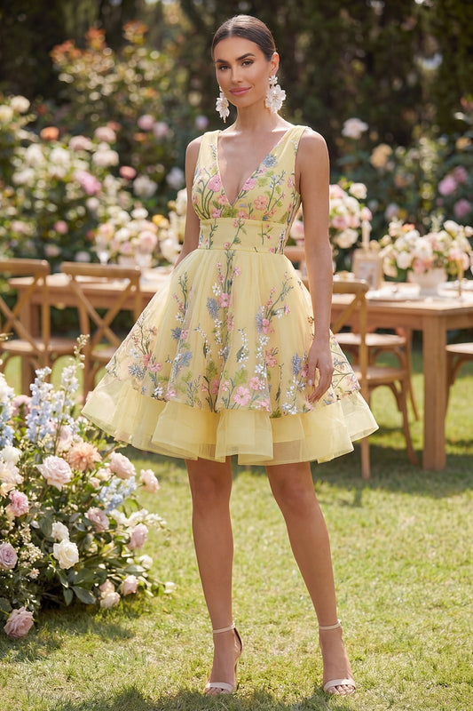 A-Line Yellow Tulle V-Neck Embroidered Mini Floral Dress