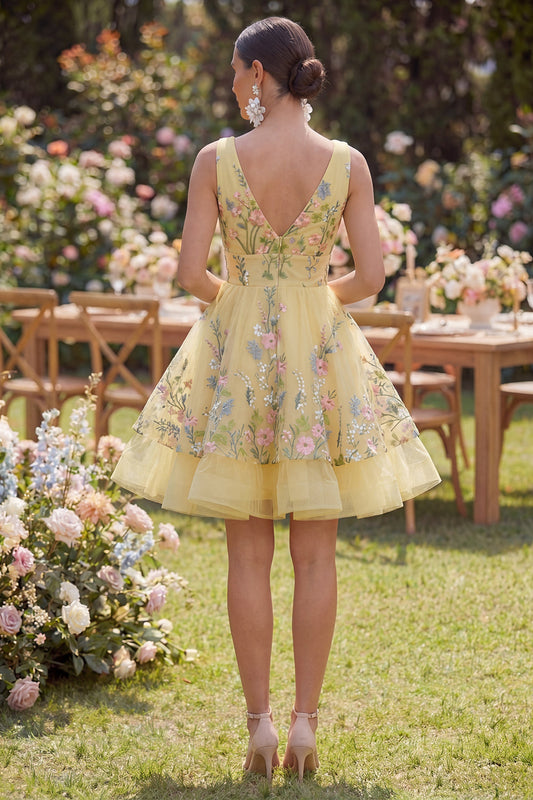 A-Line Yellow Tulle V-Neck Embroidered Mini Floral Dress