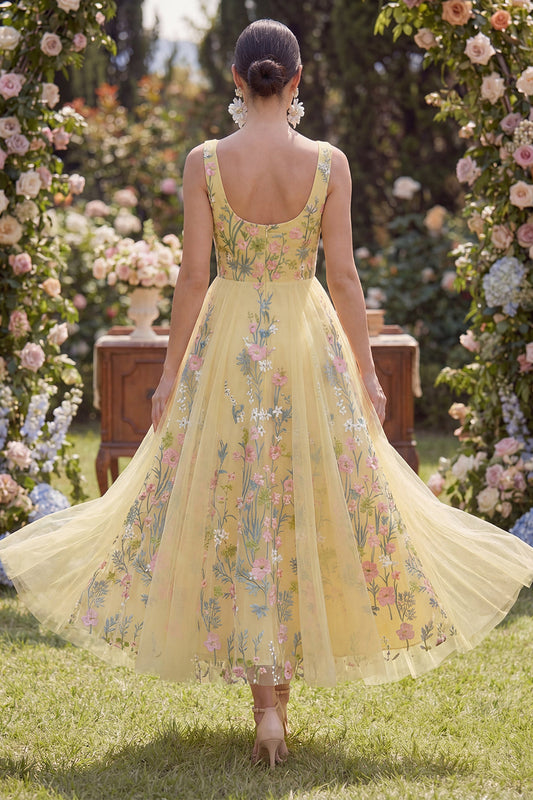 A-Line Yellow Square Neck Tulle Embroidered Midi Floral Dress