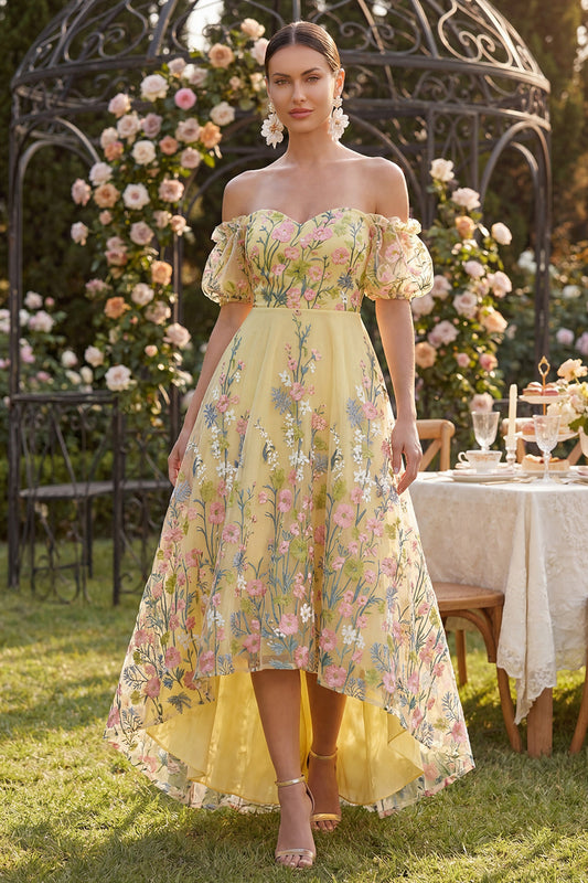 Off the Shoulder A-Line Yellow Tulle Embroidered Floral Dress with Puff Sleeves