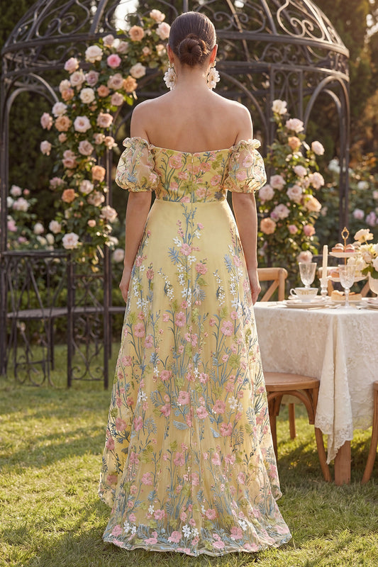 Off the Shoulder A-Line Yellow Tulle Embroidered Floral Dress with Puff Sleeves