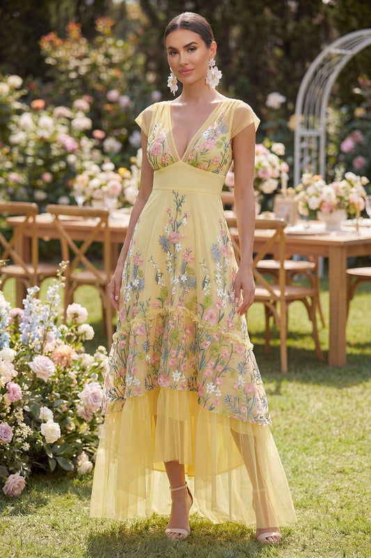 Tulle A-Line Yellow V-Neck Embroidered Floral Dress with Cap Sleeves
