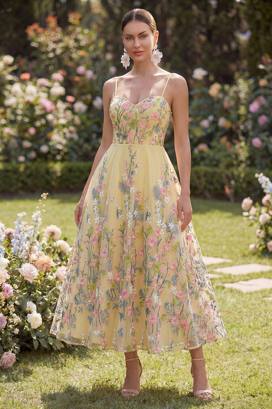 Tulle A-Line Yellow Embroidered Floral Midi Dress