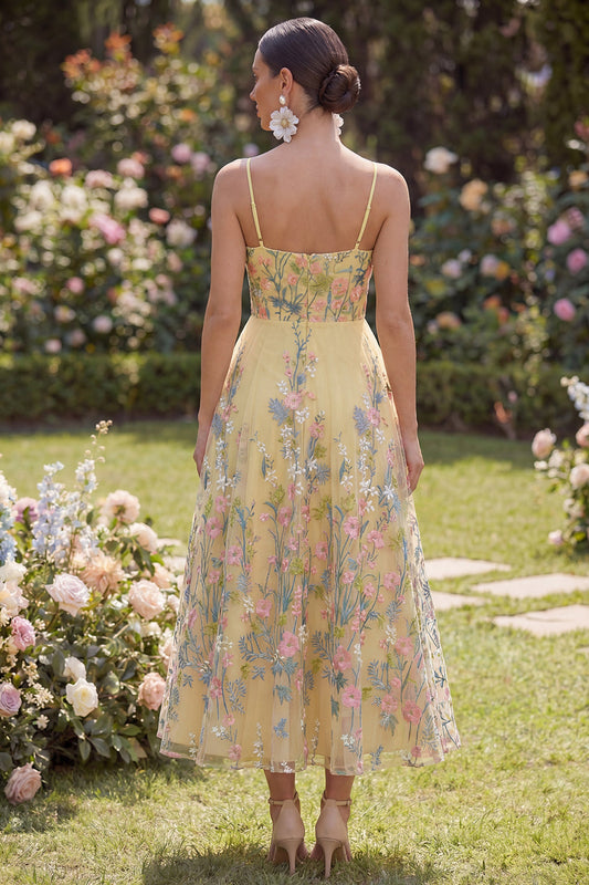 Tulle A-Line Yellow Embroidered Floral Midi Dress
