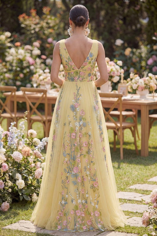 Pastel Yellow A Line V-Neckline Floral Embroidered Maxi Dress