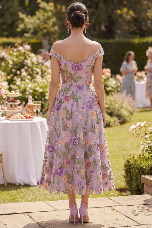 Robe Midi Florale en Tulle Brodé Lilas Épaules Dénudées Coupe Trapèze