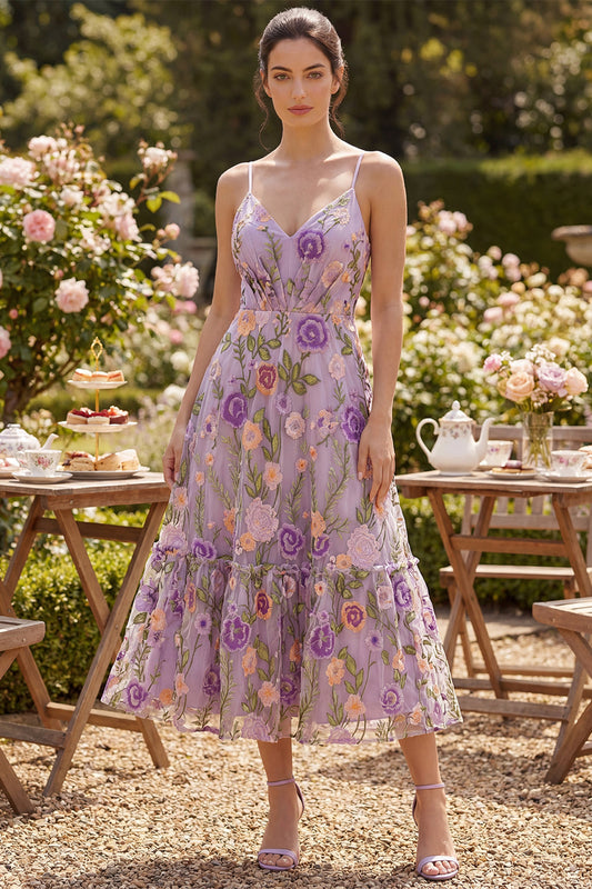Robe Midi Plissée Fleurie en Tulle Brodé A-Line Lilas