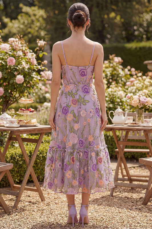 Robe Midi Plissée Fleurie en Tulle Brodé A-Line Lilas