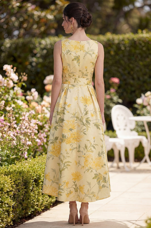 Yellow Floral Butter V-Neck Ruched A Line Midi Dress with Bow