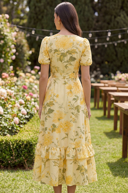 Yellow Ruffled Butter Puff Sleeves A Line Floral Midi Dress with Bow